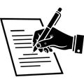 Hand holding a pen signing a document on a white background with text lines Royalty Free Stock Photo
