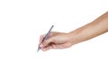 Hand holding pen writing something text isolated on white background. Clipping path. Royalty Free Stock Photo