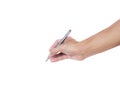 Hand holding pen writing something text isolated on white background. Clipping path. Royalty Free Stock Photo