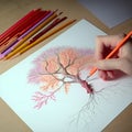 Hand holding pencil, drawing, art therapy, neuron graphic