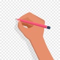 Hand holding pencil ready to write, isolated on transparent backfround. Vector Royalty Free Stock Photo