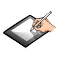 Hand Holding Pencil Writer Writing on Blank Tablet Gadget Mobile Vector Illustration Drawing