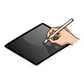 Hand Holding Pencil Writer Writing on Tablet Gadget Mobile Vector Illustration Drawing