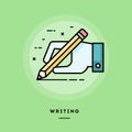 Hand holding pencil and writing, flat design thin line banner
