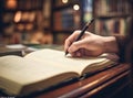 Hand holding a pencil writing, Student studying in a library working research or subject assignment. Education or Royalty Free Stock Photo