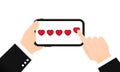 Hand holding phone and giving five heart rating. Review. We want your feedback illustration. Positive feedback concept. Vector EPS Royalty Free Stock Photo