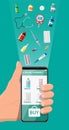 Hand holding phone with internet pharmacy app Royalty Free Stock Photo