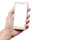 Hand holding a phone isolated on a white background, located to the left up