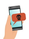 Hand holding phone with malware virus notification on screen. Malwares, hacker attacks, spam messages or viruses on