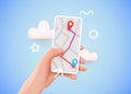 Hand holding phone with map and pointer. Mobile gps navigation and tracking concept. Background for web sites, banners