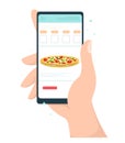 Hand holding a phone with a mobile application to order food online from a website. Fast food delivery. Pizza delivery online. Vec Royalty Free Stock Photo