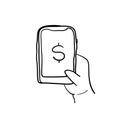 Hand holding phone with money on screen illustration doodle