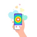 Hand holding phone with online dating app for LGBT social media concept. virtual relationship love with rainbow gay flag. flat