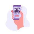 Hand holding phone with QR sign. User scanning QR-code with phone for payment. Concept of QR code, mobile scanner, e-payment, qr Royalty Free Stock Photo