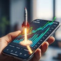 Hand holding phone with rocket launching graph isolated on transparent background Royalty Free Stock Photo