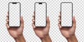 Hand holding phone set, Mockup smartphone and screen Transparent and Clipping Path