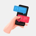 Hand holding phone with short messages. Chatting with friends and sending messages. Colorful speech bubbles boxes on