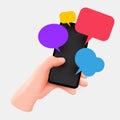 Hand holding phone with short messages. Chatting with friends and sending messages. Colorful speech bubbles boxes on