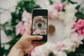 Hand holding phone and taking photo of peonies and coffee cup flat lay on rustic table cloth. Space for text. Coffee in glass in Royalty Free Stock Photo