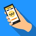 Hand holding a phone to call for order taksi.Programm car taxi online. Taxi station single icon in flat style vector