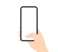 Hand holding smartphone cellphone touchscreen vertically whitebackgroud