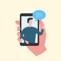 Hand holding phone with video chat boy Royalty Free Stock Photo