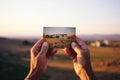a hand holding a photograph of a distant homeland Royalty Free Stock Photo