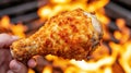 A hand holding a piece of fried chicken over an open fire, AI Royalty Free Stock Photo
