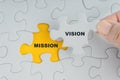 Hand holding piece of jigsaw puzzle with word VISION MISSION Royalty Free Stock Photo