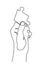 Hand Holding a Piece of Puzzle vector icon in meaning Finding Solution- continuous line drawing. Continuous one line drawing of Royalty Free Stock Photo
