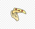 Hand holding a piece or slice of pizza, pizzeria, colored graphic design