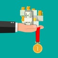 Hand holding pile of cash money and medal Royalty Free Stock Photo