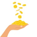 Hand holding a pile of coins falling from above, icon flat finance heap, fall dollar coin pile. Golden money lying on Royalty Free Stock Photo