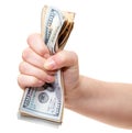 Hand holding pile of us dollar notes Royalty Free Stock Photo