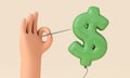 Hand holding a pin about to pop a dollar symbol balloon. 3D Rendering Royalty Free Stock Photo