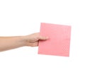 Hand holding pink cleaning sponge. Royalty Free Stock Photo