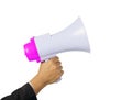 Hand holding pink megaphone with clipping path