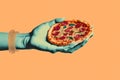 A hand holding a pizza with a blue gloved hand holding it with a red background. AI generation