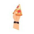 Hand holding pizza piece. Arm with cut triangle slice of Italian fast food with cheese, salami, feta, olives. Top view Royalty Free Stock Photo