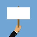 Hand holding placard. Illustration protest with empty banner or board on blue background