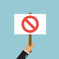 Hand holding placard. Illustration protest with no sign banner or board on blue background. Social negative emotion