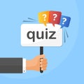 Hand holding placard with quiz text icon in flat style. Questionnaire vector illustration on isolated background. Exam interview