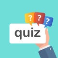 Hand holding placard with quiz text icon in flat style. Questionnaire vector illustration on isolated background. Exam interview