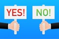 Hand holding placard yes and no. Vector stock illustration. Royalty Free Stock Photo