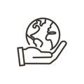 Hand holding planet earth globe vector thin line icon. Minimal illustration for concepts of environment awareness, ecology,