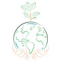 Hand holding planet earth with green plant. Concept saving earth nature icon cartoon vector illustration Royalty Free Stock Photo