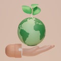 Hand holding planet earth and plant icon. Earth day symbol. Globe with sapling, Eco Save the world, Clean environment,