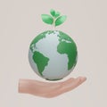 Hand holding planet earth and plant icon. Earth day symbol. Globe with sapling, Eco Save the world, Clean environment,