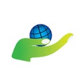 Hand holding planet save green earth environment friendly logo.