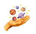 Hand holding planets, stars in universe. Watercolor space design, astrology and esoteric illustration for beautifool